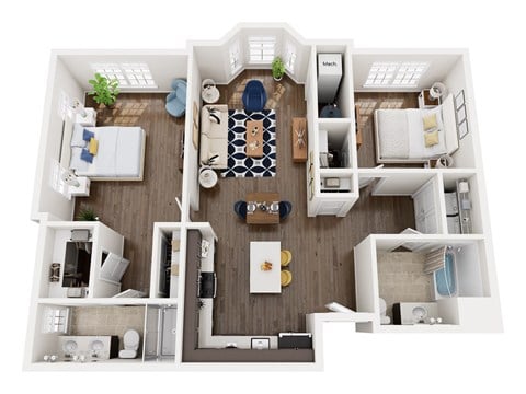 Floor plan for 2 beds, 2 baths, 1198 sqft
